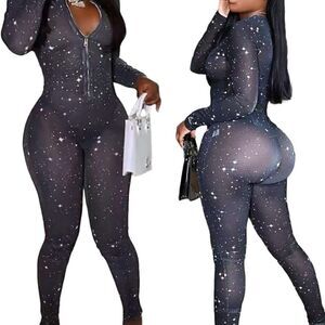 Recious One Blue Jumpsuit Long Sleeve V Neck Zipper Printed Mesh Size M